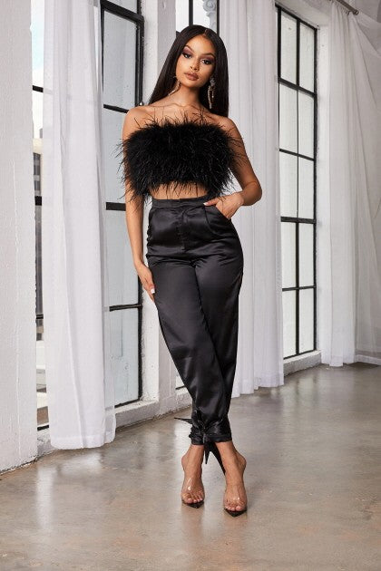 CARLY BLACK FEATHERLY TUBE TOP PANTS SET